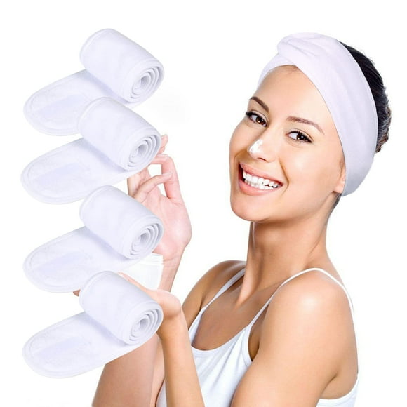 TOPODO Facial Spa Headbands, Soft Terry Cloth Stretch Makeup Shower Bath Wrap, Adjustable Size, Pack of 4, White