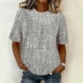thumbnail image 3 of Stamzod Women's Sparkly Sequin Top Round Neck Short Sleeve Party Shirts Dressy Casual Tee Blouses Fashion Clothing Beige E L, 3 of 8