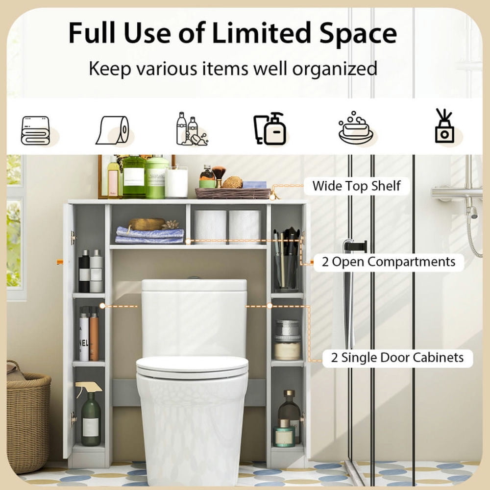 Finihen Toilet Storage Cabinet, Bathroom Cabinet Organizer, Over The Toilet Storage Cabinet with 2 Open Compartments and 4 Adjustable Shelves, for Bathroom, White