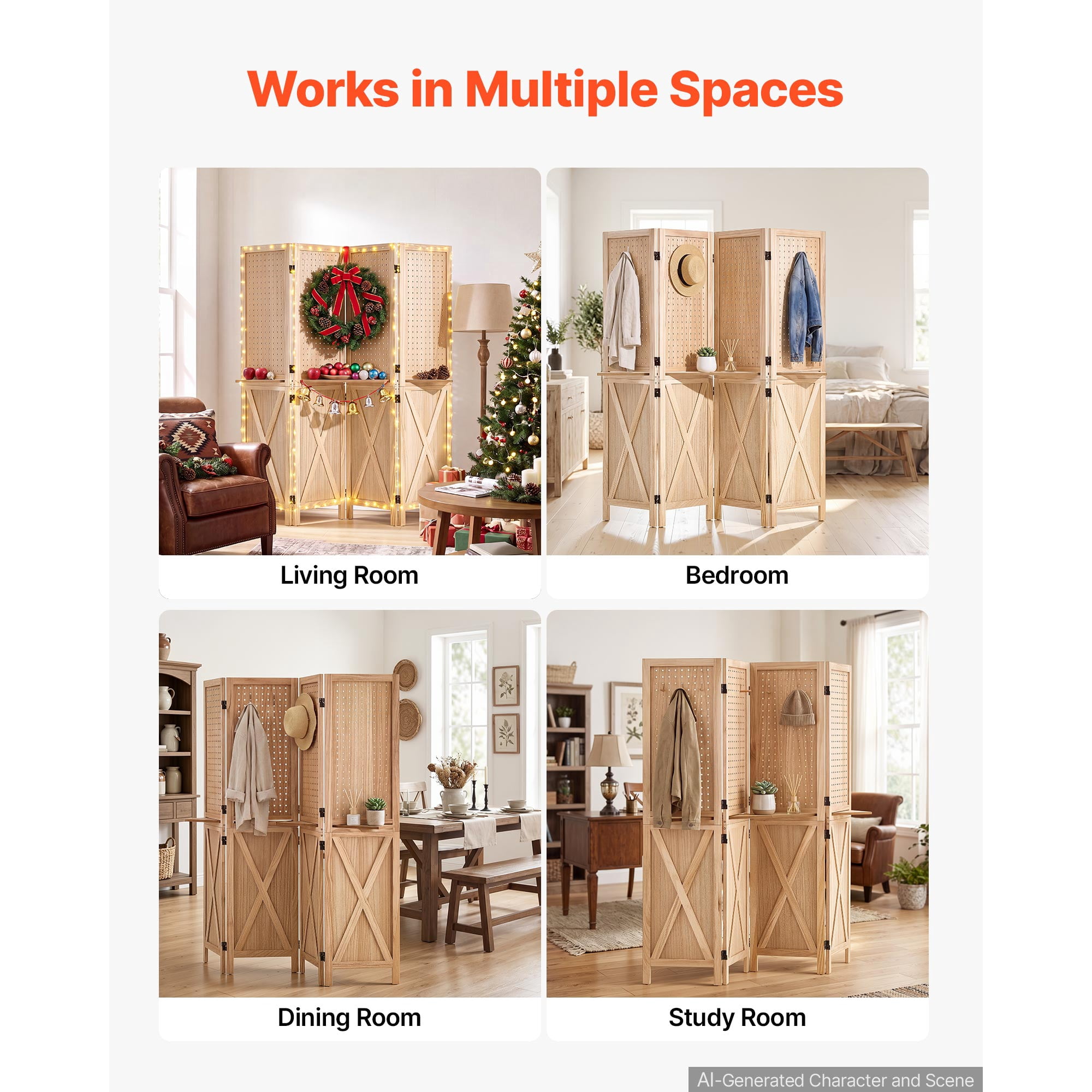 KFFKFF Wooden Room Divider Pegboard Folding Privacy Screen with Shelves, Ideal for Room Separation and Home Decoration, 4 Panels, Sturdy Frame with X Design, 360° Dual-Directional Hinges