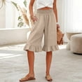 thumbnail image 2 of KDDYLITQ Linen Shorts for Women Elastic Waist Wide Leg Smocked Capris Shorts Beach Summer Ruffle Boho Shorts with Pockets Khaki XL, 2 of 7