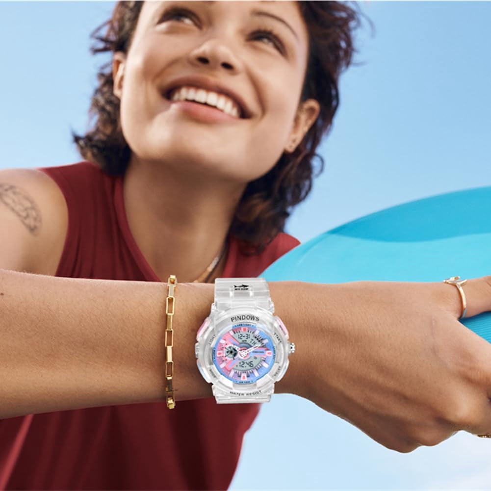 Women Watch for Women Teenagers Watch Outdoor Waterproof Digital Sports Analog Watches for Ladies Students with Stopwatch Alarm Countdown Dual Display 7 Color LED Backlight