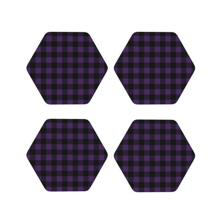 

Fuzoiu Purple Black Plaid Print Leather Coasters Set Drink Coasters Set of 4 for Tabletop Protection Durable PVC Coasters Home Décor and Housewarming Gift-Hexagon