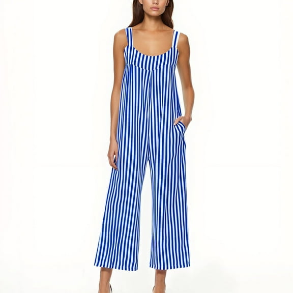 Overall Jumpsuit for Women, 2025 Summer Dressy Casual Wide Leg Long Romper Sleeveless Striped Jumpsuits Trendy Outfits with Pockets Blue XXL