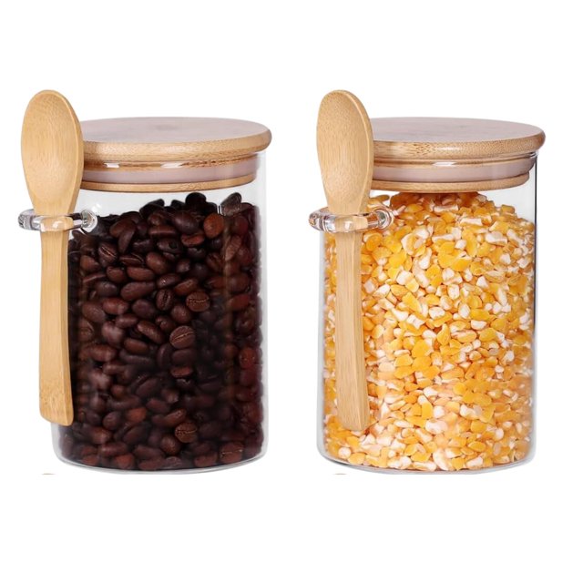 Juego de 2 Contenedores de Vidrio con Tapas de Bambú y Cucharas de Madera, Tarros de 500ml con Tapas y Cucharas, Recipientes para Condimentos, Café, Azúcar, Avena.