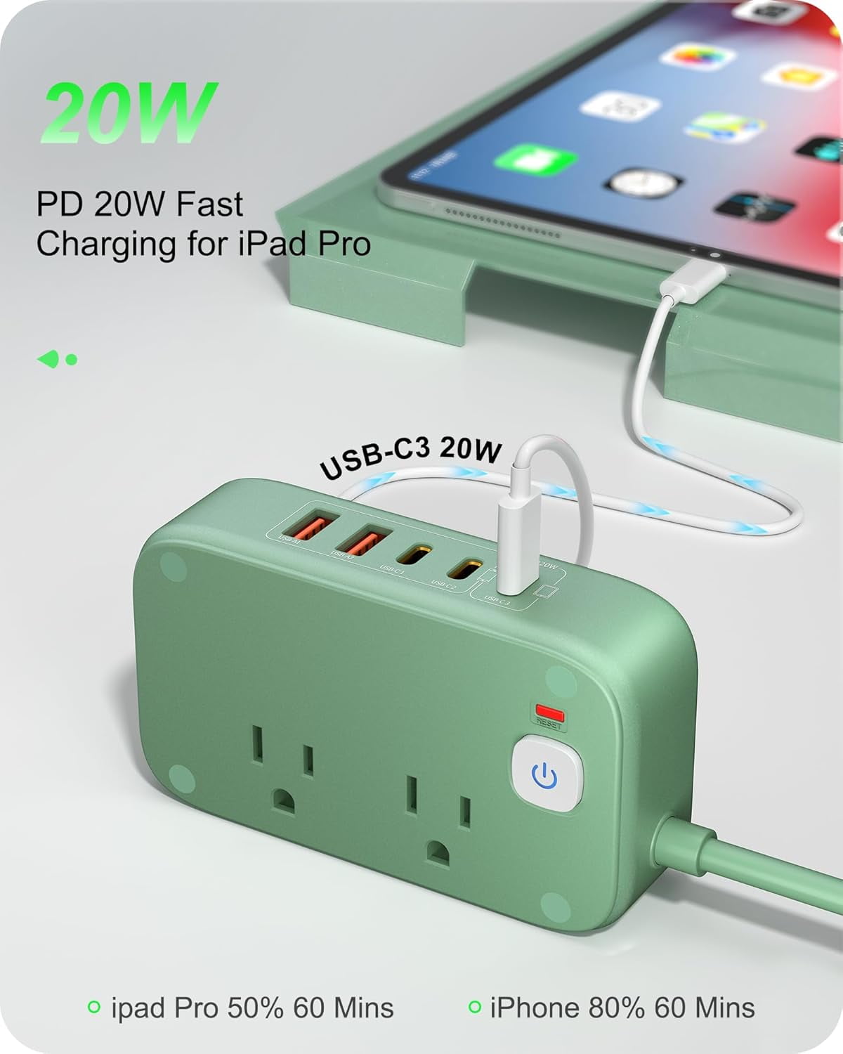 VHBW 20W USB C Charging Station with 2500W AC Outlets, 3 USB-C Ports, 2 USB-A Ports, 5ft Cord, 1 Pack