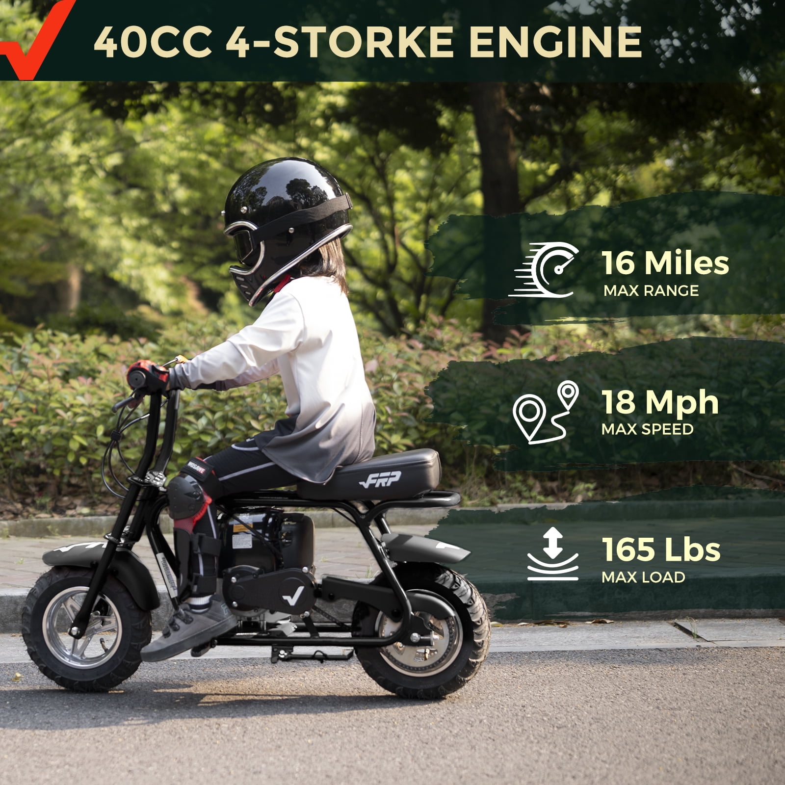 FRP MB40 Basic Package 40cc 4-Stroke Gas Powered Mini Dirt Bike for Kids, 18MPH Off-Road Motorcycle with Pull Start, Dual Disc Brakes & Rear Suspension – Black