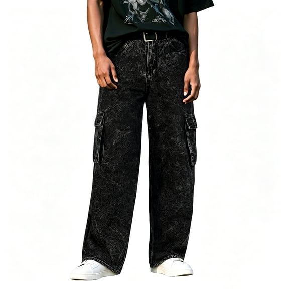 Smawell Men's Black Cargo Jeans, Relaxed Fit Wide Leg Denim Pants, Multi Pocket Workwear Jeans for Casual & Streetwear, Sizes 28-36