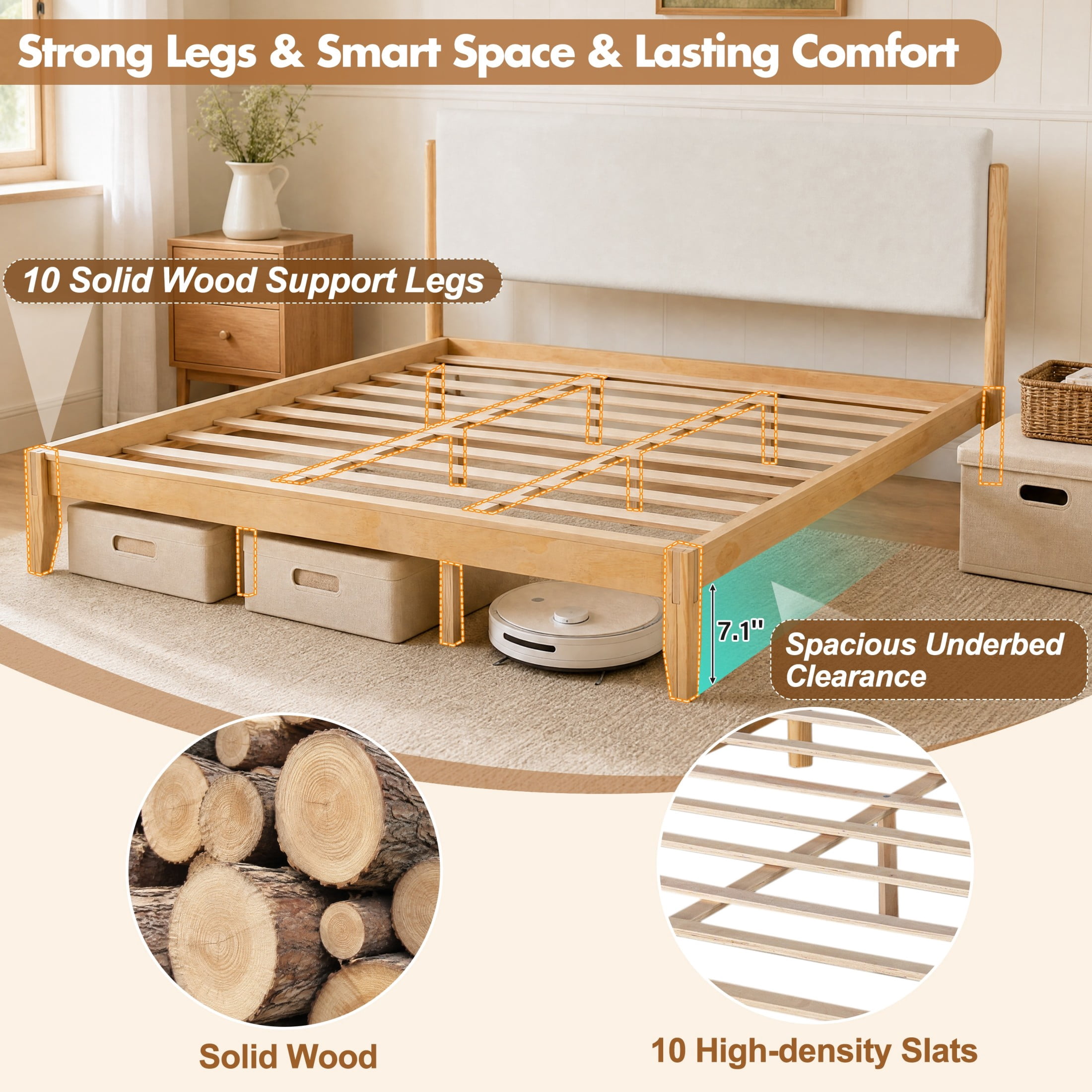 Christopher Knight Home King Solid Wood Platform Bed Frame with Velvet Upholstered Headboard, Oak