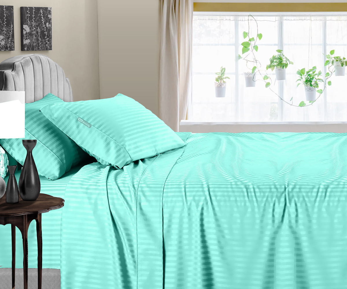 Home Sheet Set-Fitted/Flat/Bed Skirt 1000 TC Egyptian Cotton Aqua Blue Striped 