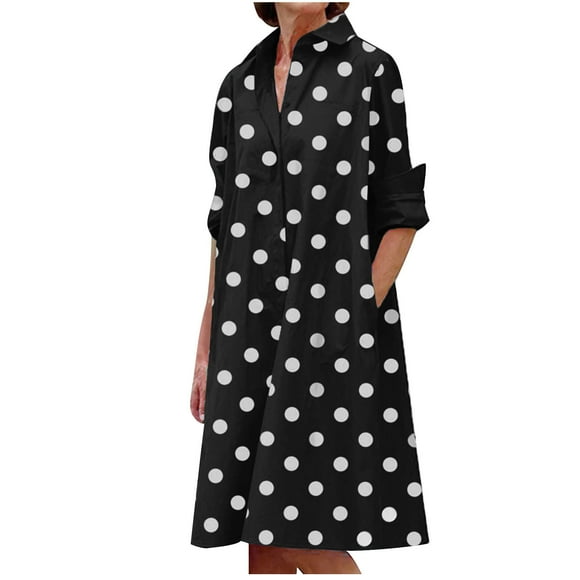 QUYUON Robes d'Automne pour Femmes en Liquidation Imprimé Robes Mi-Longues Robes à Manches Longues Robes d'Invitée de Mariage d'Automne pour Femmes Col à Revers Longueur Genou Robe Soleil Style D-17936 Noir P