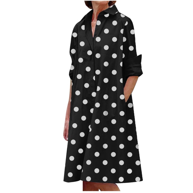 QUYUON Robes Grande Taille pour Invitée de Mariage Liquidation Imprimé Robes Mi-Longues Robes à Manches Longues Robes pour Femmes pour Invitée de Mariage Col à Revers Longueur Genou Robe Bohème Style D-17939 Noir TG