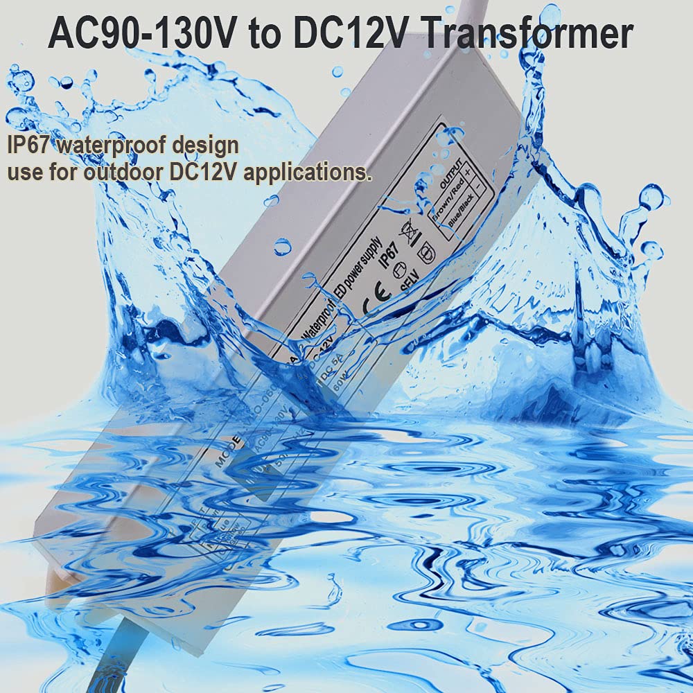 12V power supply, 60W low voltage transformer adapter, ultra-thin design 90-130V to 12V 5A 60W driver, waterproof 67, suitable for indoor and outdoor lighting use