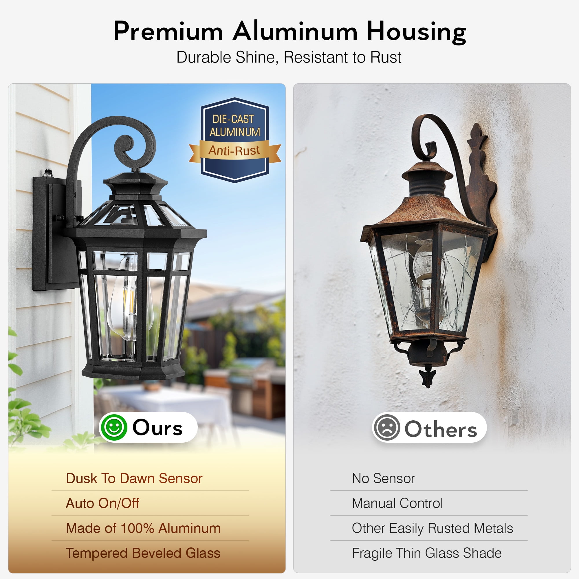 Outdoor Light Fixtures Wall Mount, 2-Pack Outdoor Wall Sconce Dusk to Dawn, Exterior Lantern with E26 Base, Matte Black Finish Coach Lights for Garage, Waterproof Outside Lights for House