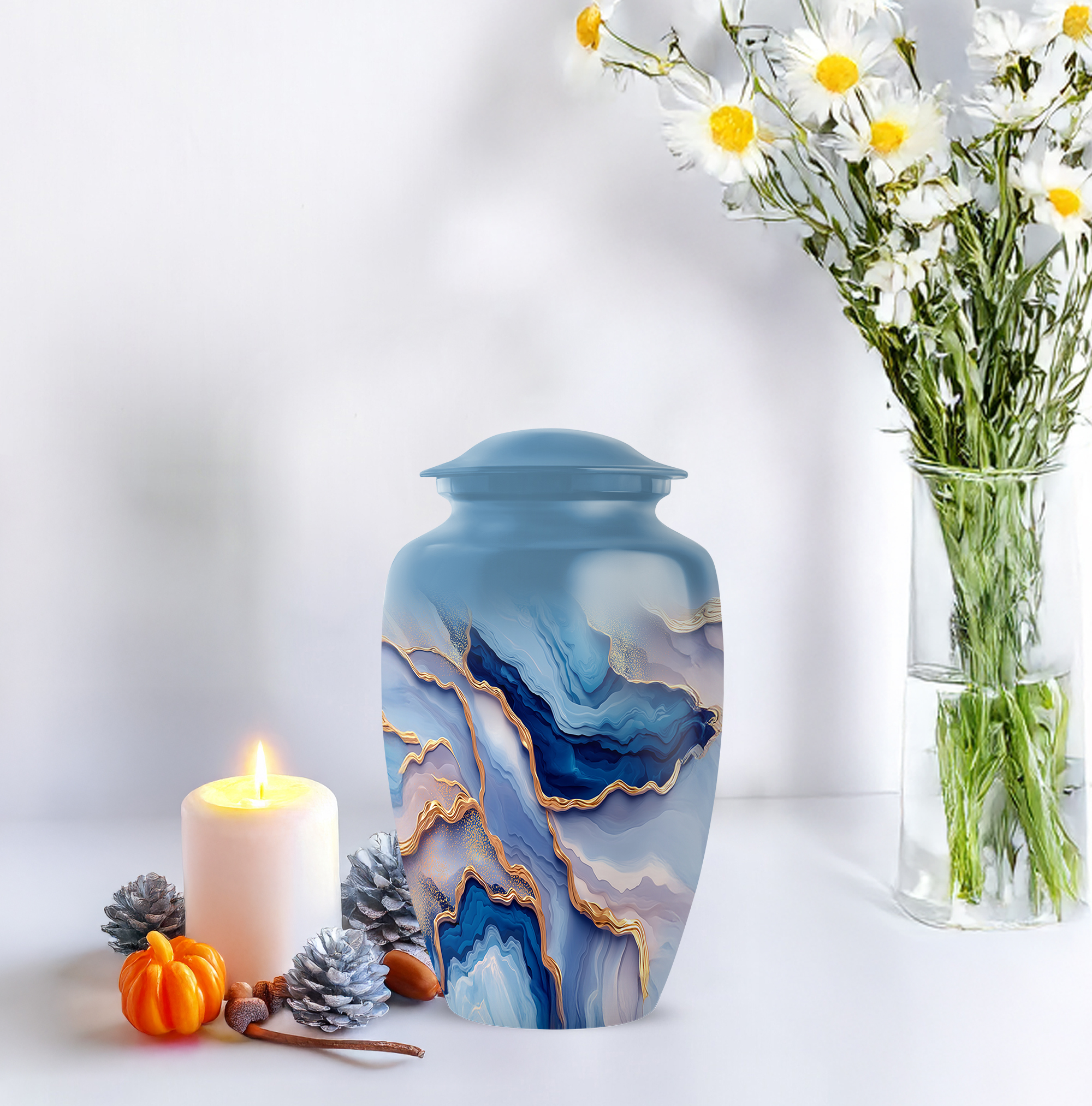 SABURIAL Blue Burial Decorative for Mom & Dad - Funeral Urns for Ashes - Combo 1 - Large with 3 Inch Pack of 1 - Human Remains Urn - Memorial Urns for Male & Female - Keepsakes Urn for Ashes