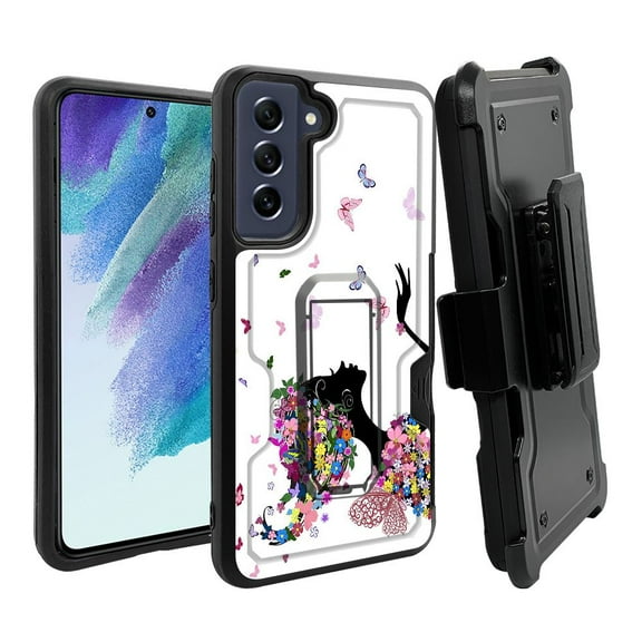 ANJ  Rugged Dual Layer Shockproof Holster Case w/Card Slot, Kickstand   Tempered Glass for Samsung Galaxy S21 FE 5G - Butterfly Fairy