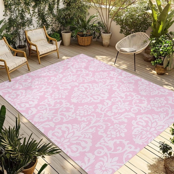 Pink Boho Flowers Outdoor Rug for Patio/Deck/Porch, Non-Slip Large Area Rug 5 x 8 Ft, Vintage Ethnic Flowers Botanical Indoor Outdoor Rugs Washable Area Rugs, Reversible Camping Rug Carpet Runner