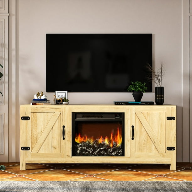 Modern 58 Barn Door Wood Electric Fireplace Tv Stand Media Entertainment Center Console Table For Tvs Up To 65 Inches With Two Open Shelves And Cabinets Living Room Oak Com Modern 58 Barn Door Wood Electric, White Electric Fireplace Tv Stand With Sliding Barn Doors