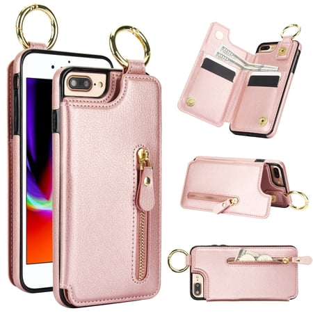 Designed for iPhone XS Max PU Leather Back Case, Vintage Kickstand Card Slots Finger Ring Zipper Drop Protective Business Phone Cover Compatible with iPhone XS Max - Rosegold