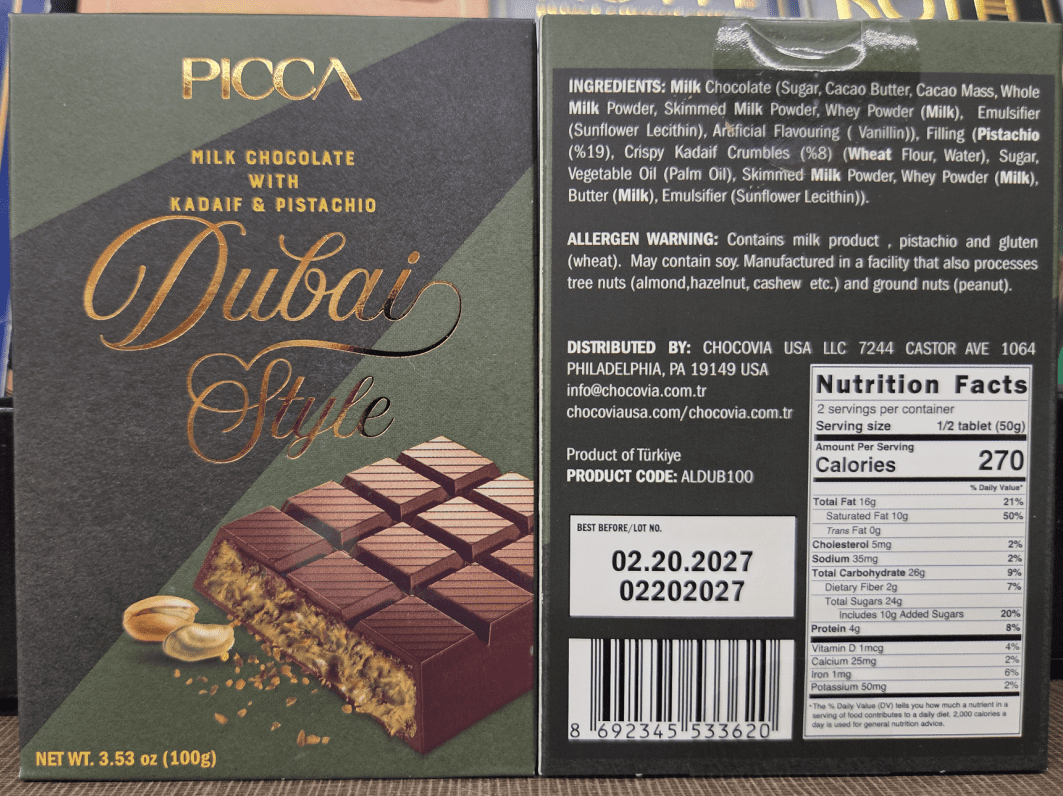Picca Dubai Style Milk Chocolate with Kadaif & Pistachio 3.53oz 100g (2 Bars)