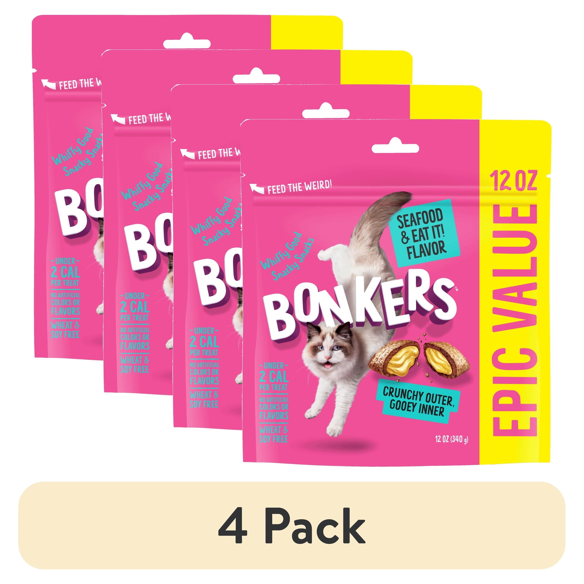 (4 pack) BONKERS Bites Seafood & Eat It Flavor Crunchy & Soft Treats for Cats, 12oz Bag