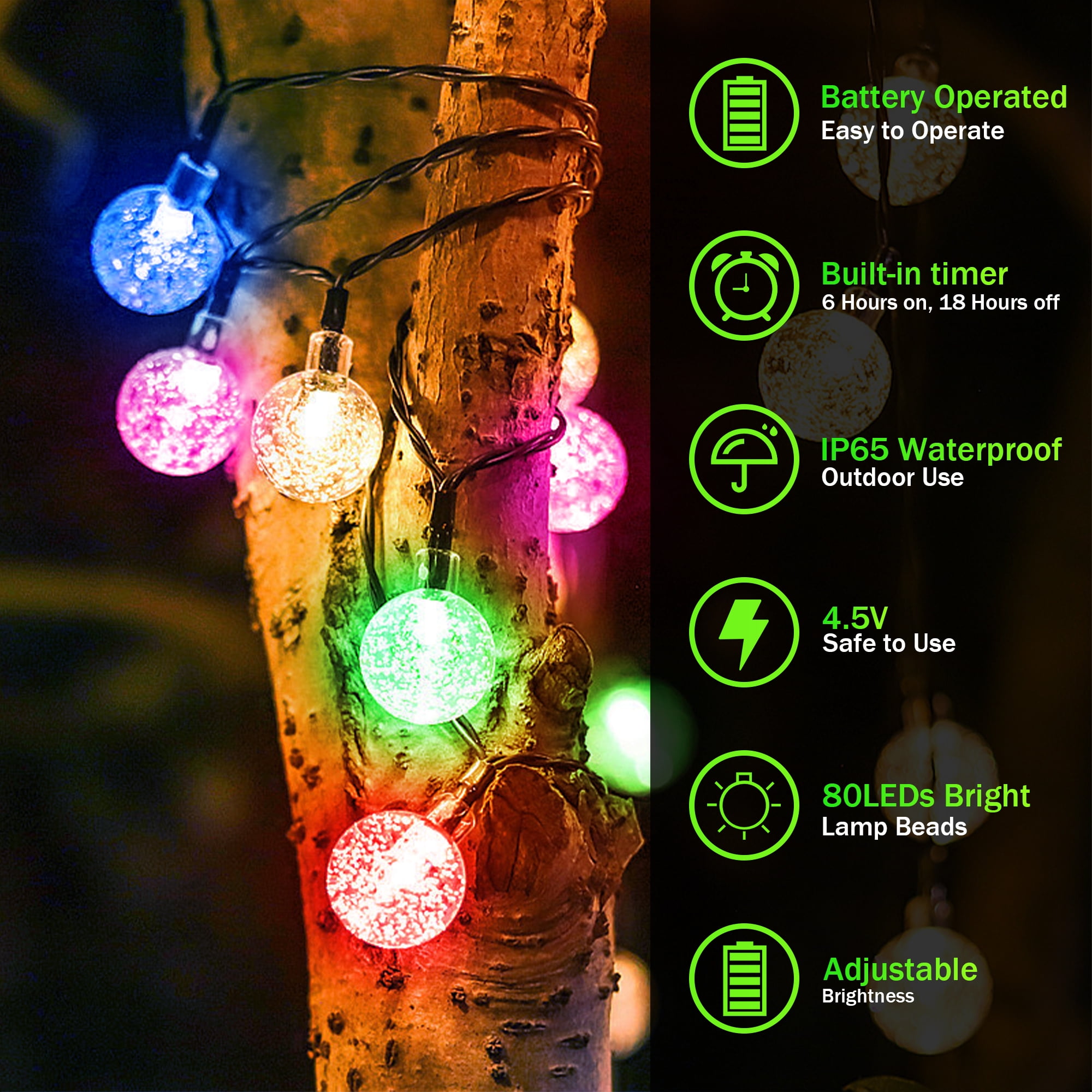 Phopollo Solar Outdoor String Lights，78Ft Multicolor 200 LED Bulbs Crystal Globe Lights,IP65 Waterproof, 8 Lighting Modes，Solar Powered Patio Lights for Garden Yard Porch Wedding Party Decor.