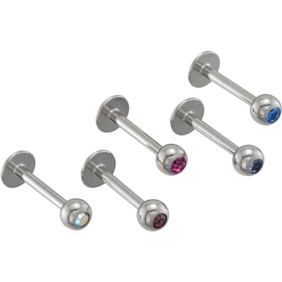 HOTSILVER Adult/Women's Labret Surgical Steel Lip Studs with Bezel-Set Crystal Balls, 5-Pack