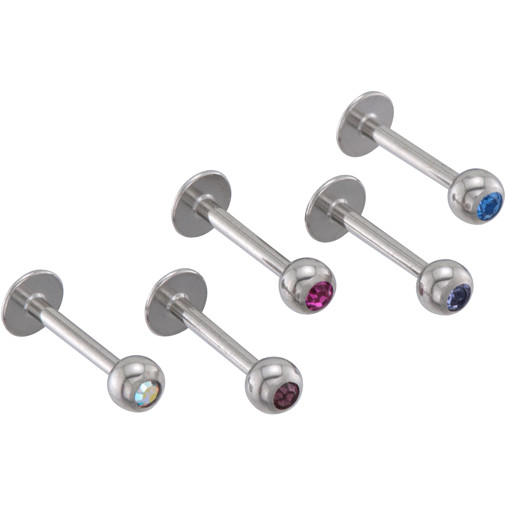 HOTSILVER Labret Surgical Steel Lip Studs with Bezel-Set Crystal Balls 5-Pack for Women