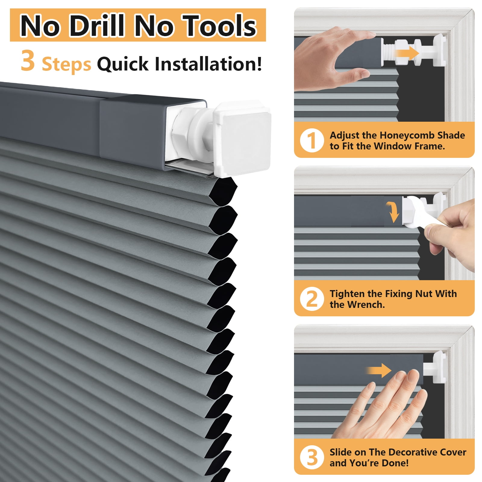 Shade&Beyond 34"x48" No Drill Cordless Blackout Cellular Shades, Thermal Insulated Noise Reducing Honeycomb Blinds for Indoor Windows, Dark Gray