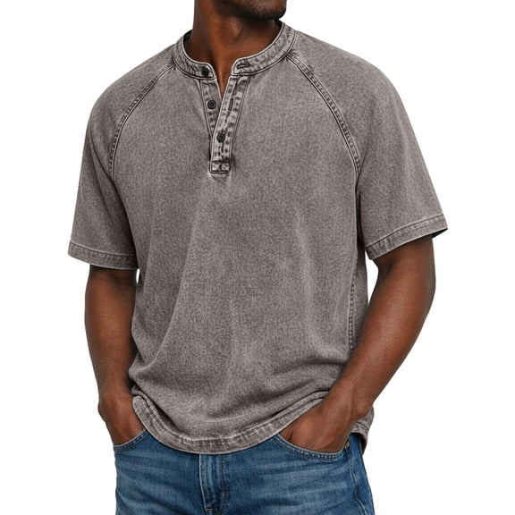 Resicozy Distressed Henley Shirts for Men Short Sleeve Washed T Shirts Vintage Relaxed Fit Wash Tshirt 2026 Gray 2XL