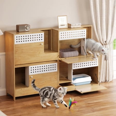 2-Piece Modern 2 IN 1 Cat Furniture Set Cat Litter Box Enclosure Side Table Cat House with Storage for 2 Small-Medium Sized Cats - NATURAL