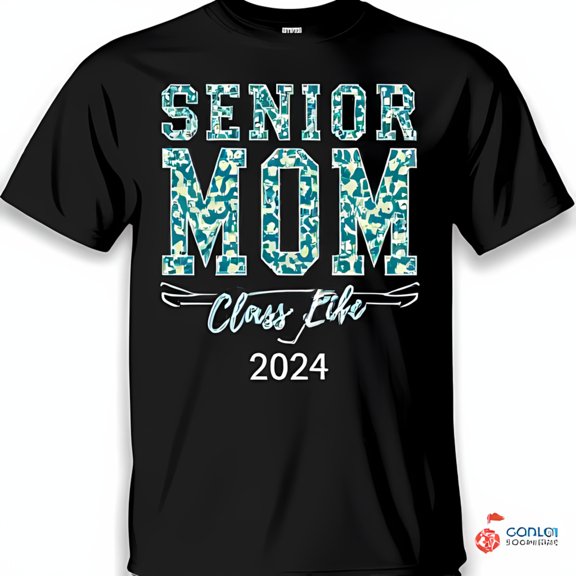 Senior Mom Black T-Shirt with Teal Print & Design 2024