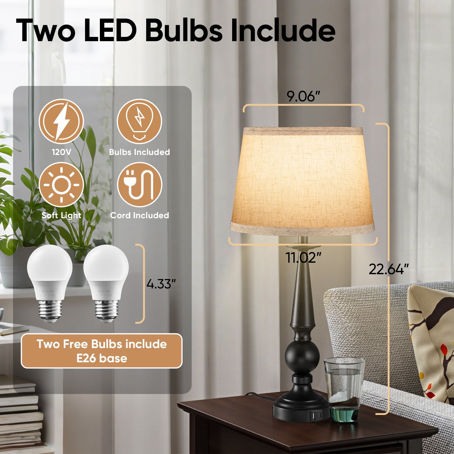 Walchoice Table Lamp Set of 2, Farmhouse Traditional Bedside Lamps with 2 USB Charging Ports, Dimmable Touch Nightstand Lamps for Bedroom Living Room, Rustic Metal Base & Fabric Linen Shade