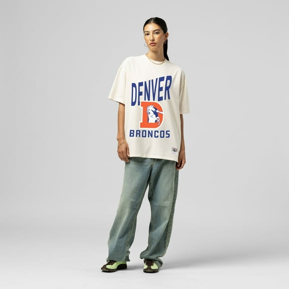 Women's Mitchell & Ness  Cream Denver Broncos Logo Rise Boyfriend T-Shirt