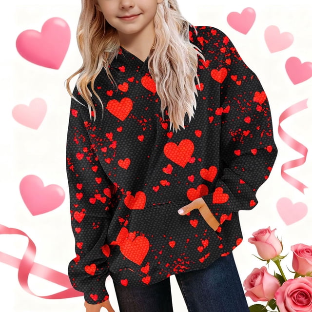 TaTaai Girls' Hooded Heart Printed Long Sleeve Hoodie, Valentine's Day Gift, Daily Casual Outerwear Top Gift