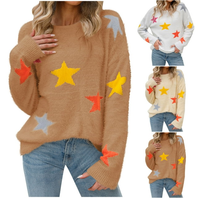 WRKEKC Chandail en Tricot Doux en Velours pour Femmes, Imprimé Étoiles, Col Rond, Manches Longues, Décontracté, Peluche, Basique Cozy