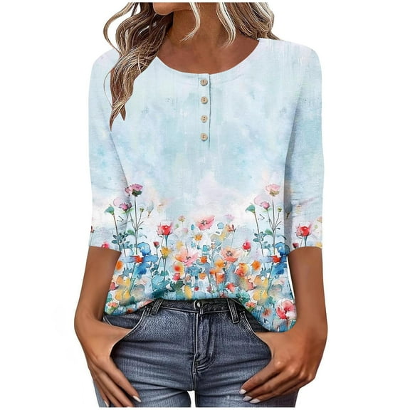 Stamzod Women's Tops Fashion Crewneck Floral Blouses Loungewear Casual Loose 3/4 Sleeve Tops for Women Light Blue XXL
