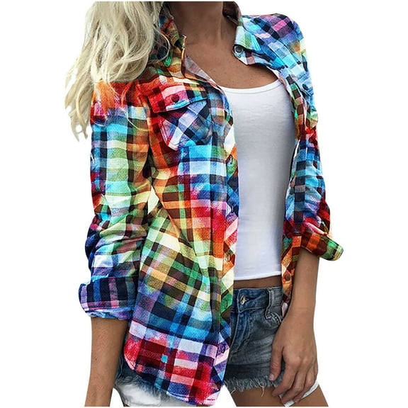 IROINNID Womens Plus Size Tops Home Lapel Top Loose Buttoned Long Sleeve Plaid Print Blouse,Multicolor