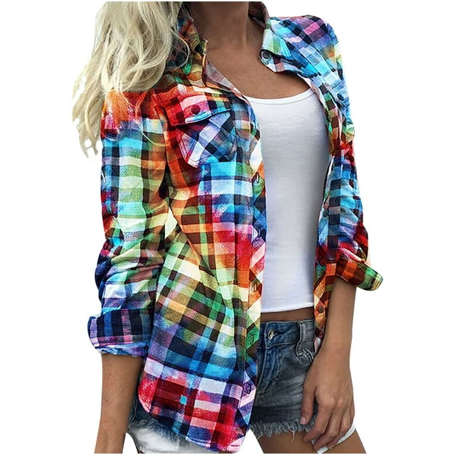 IROINID Deals Womens Plus Size Tops Lounge Lapel Top Loose Buttoned Long Sleeve Plaid Print Blouse,Multicolor
