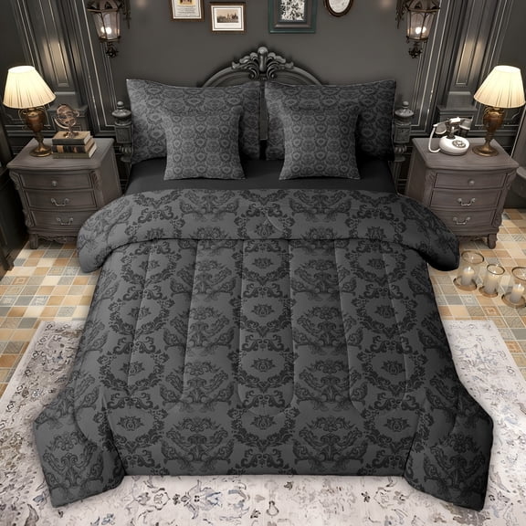 jejeloiu Retro Damask Print 7-Piece Twin Bedding Sets,Black Bohemian Flowers Bedding Comforter Set For Adults Reversible
