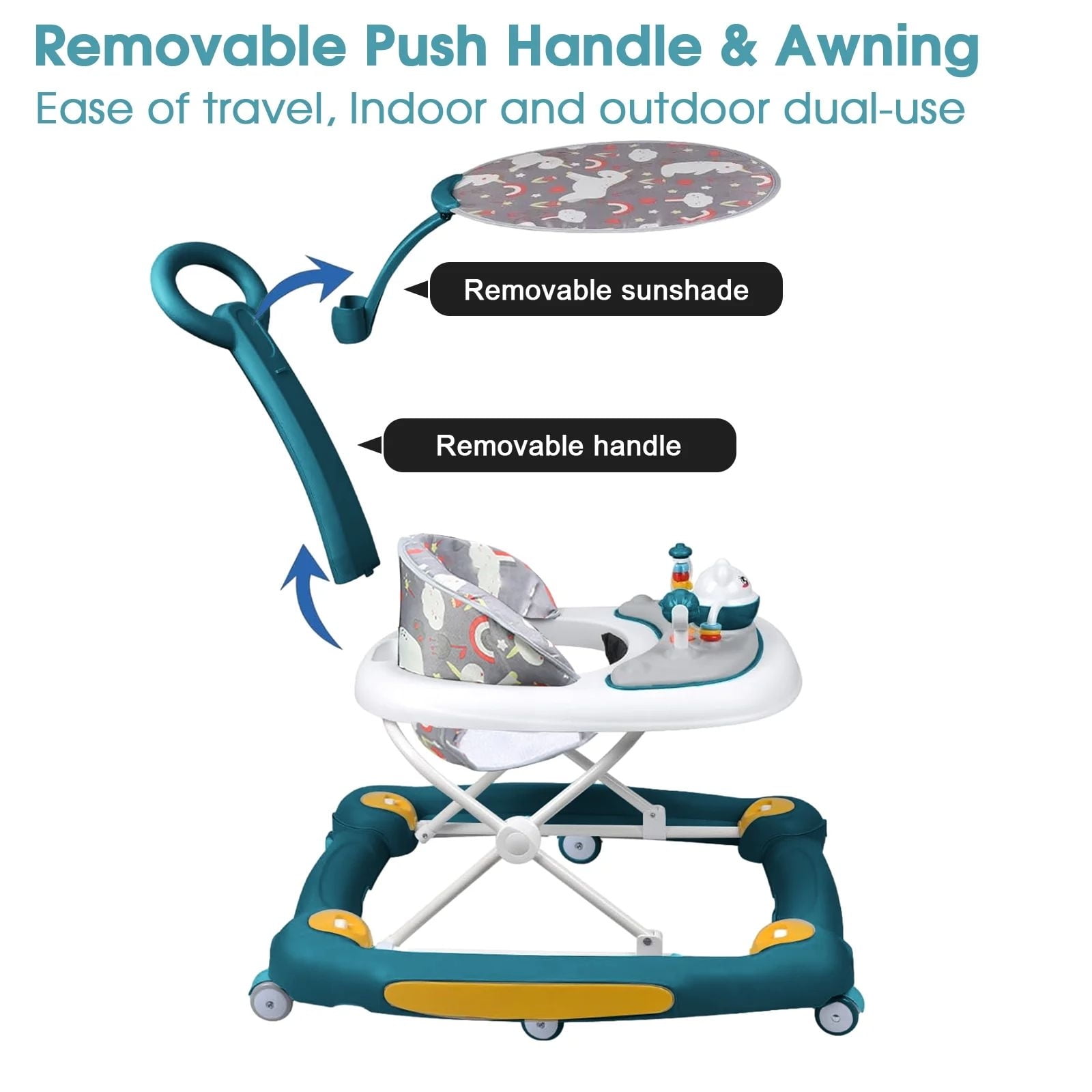 HDUTNGISN Green 6-in-1 Foldable Baby Walker for 6-24 Months,Bouncer,Tray & Music