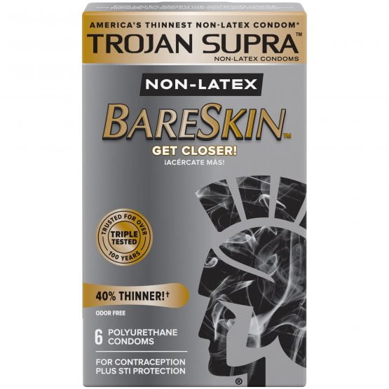 Trojan Supra Bare Skin + Silver Lunamax Pocket Case, Premium Ultra Sheer NON-LATEX Condoms-6 Count