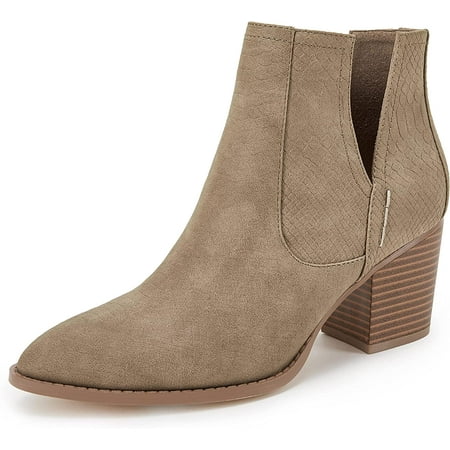 

QWZNDZGR Womens Ankle Boots Slip on Cutout Pointed Toe Snakeskin Chunky Stacked Mid Heel Booties