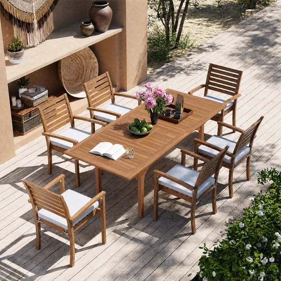 7 Piece Patio Dining Set, Outdoor Acacia Wood Furniture Set, Extendable Table with Umbrella Hole and 6 Stackable chairs, Removable Fabric Cushion, FSC Certified, for Deck, Garden, Backyard