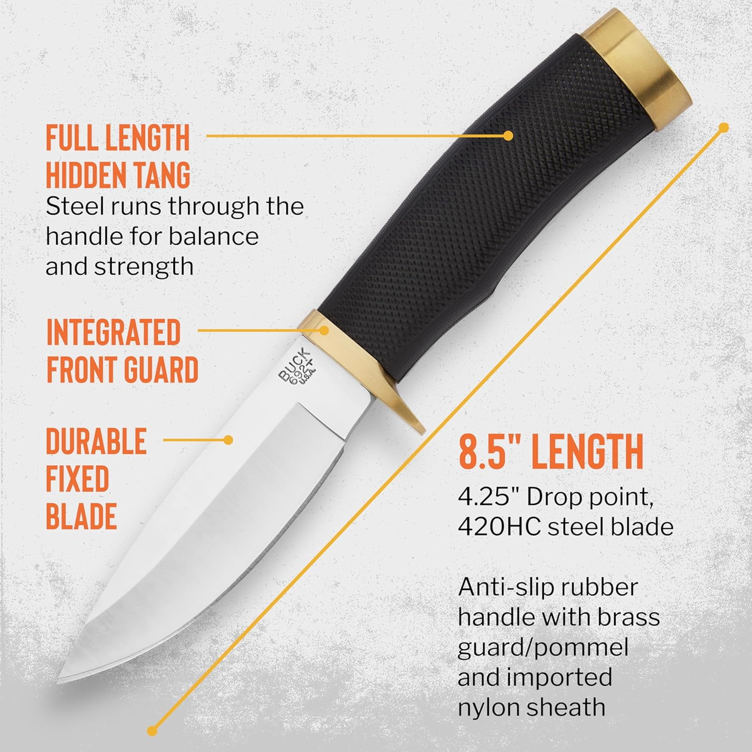 Buck Knives 692 Vanguard Hunting Knife, 4-1/4" Fixed Blade, Rubber Handle, 6.6 oz