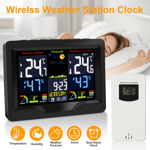 Digital LCD Weather Station Clock Indoor & Outdoor Calendar Thermometer Wireless