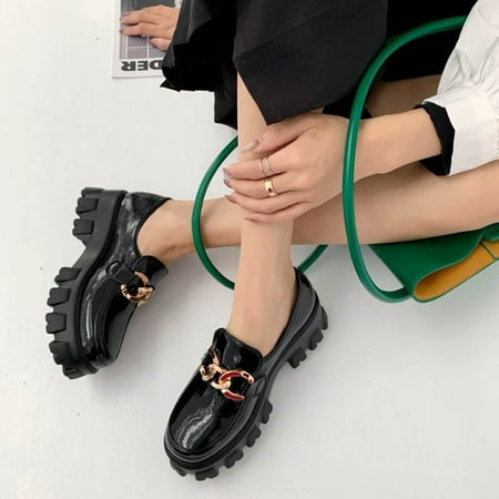 

Women Chunky Platform Ankle Boots For Women Glossy Leather Shoes Chain