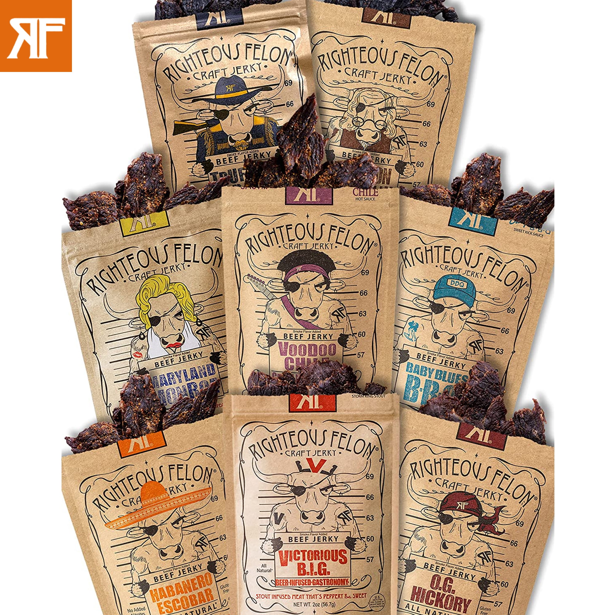 Righteous Felon Beef Jerky Variety Pack 2 oz Bags Low Calorie High Protein Healthy Snacks 8 Pack