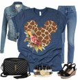 thumbnail image 3 of Women Teen Giraffe Mickey Ears with Flowers Shirt Floral Animal Print Character T-Shirt (Navy-Small), 3 of 7
