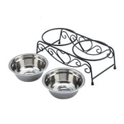 Higoodz Stainless Steel Dog Cat Double Food Water Bowls Feeder Dishes Black (include one stand and two bowls)